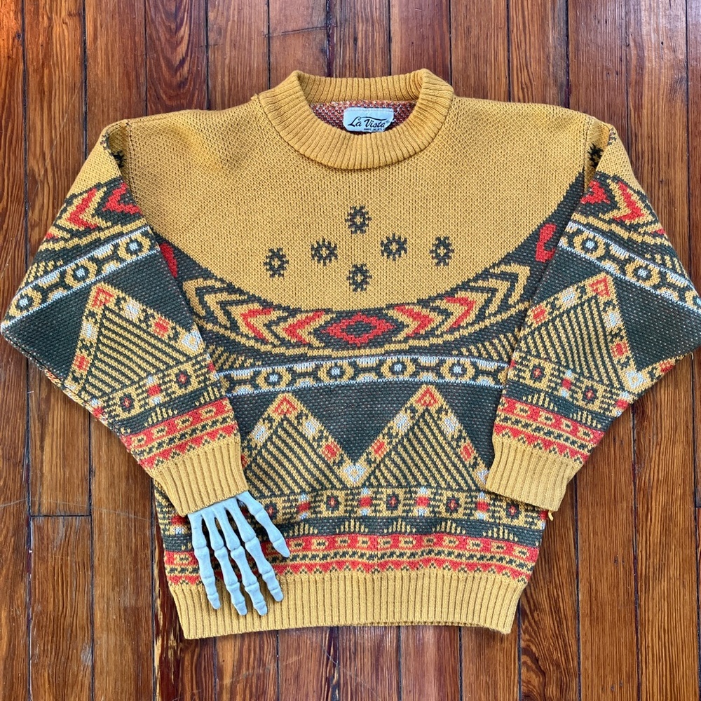 🧡 SOLD 💛 Vintage 80s Abstract Mock Neck Sweater by La Vista ~ Size S - Picture 4 of 7